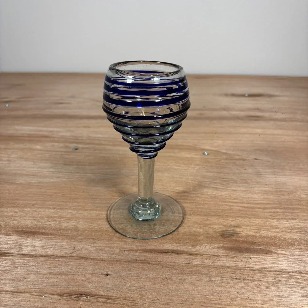 Hand Blown Cobalt Blue Spiral Wrap Cordial Glass Clear Stem Art Glass Barware
